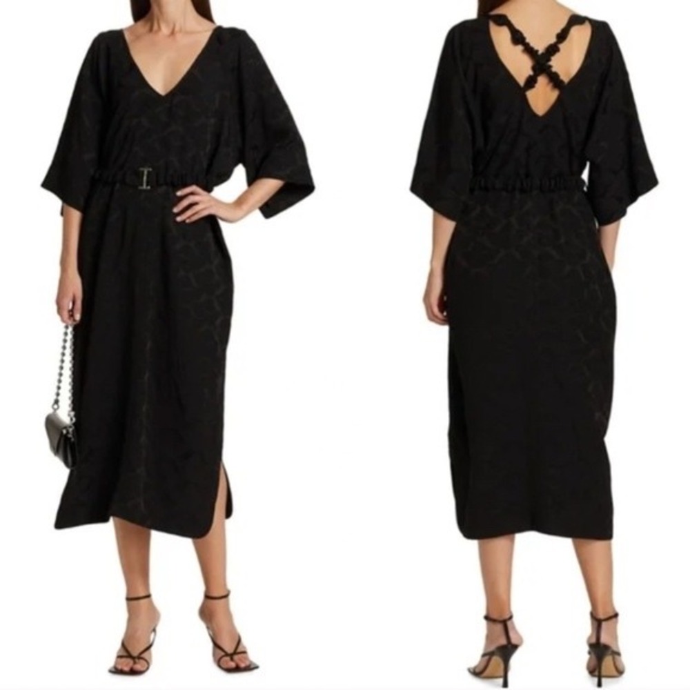 GANNI Jacquard Crinkle Satin Cross Back Belted Midi Dress Black 38